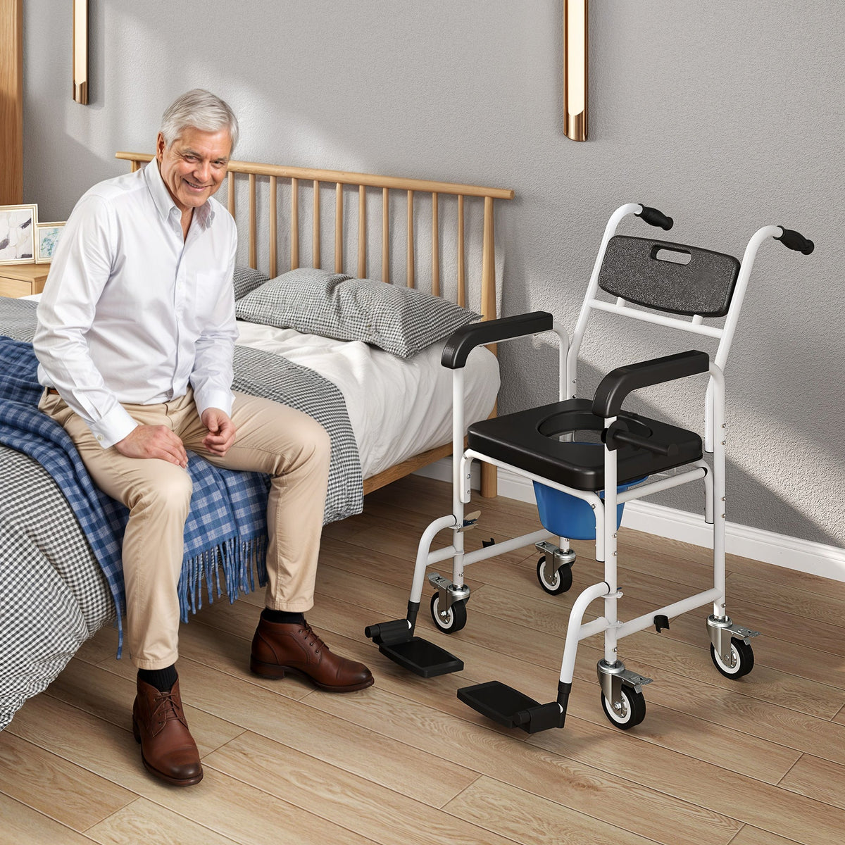 Rolling Shower Mobility Chair for Seniors, Bedside Commode Chair with Locking Wheels, Seat, Backrest, Arms, Black