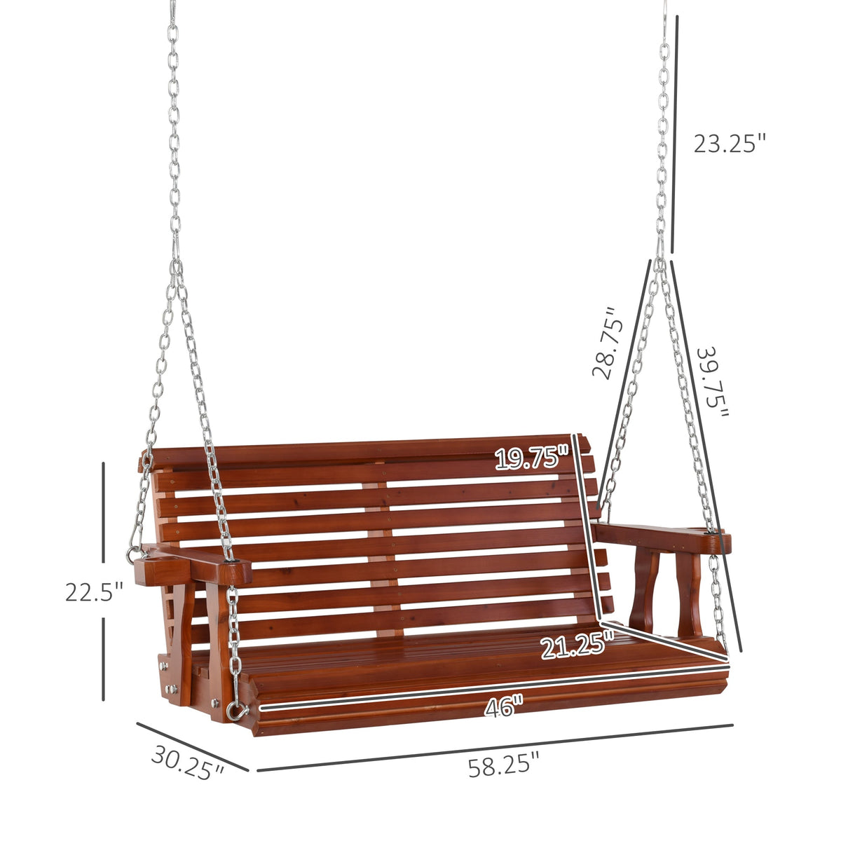 46" 2-Person Porch Swing Wooden Patio Swing Bench with Cup Holders, Slatted Design, Chains, 440lb Weight Capacity, Brown