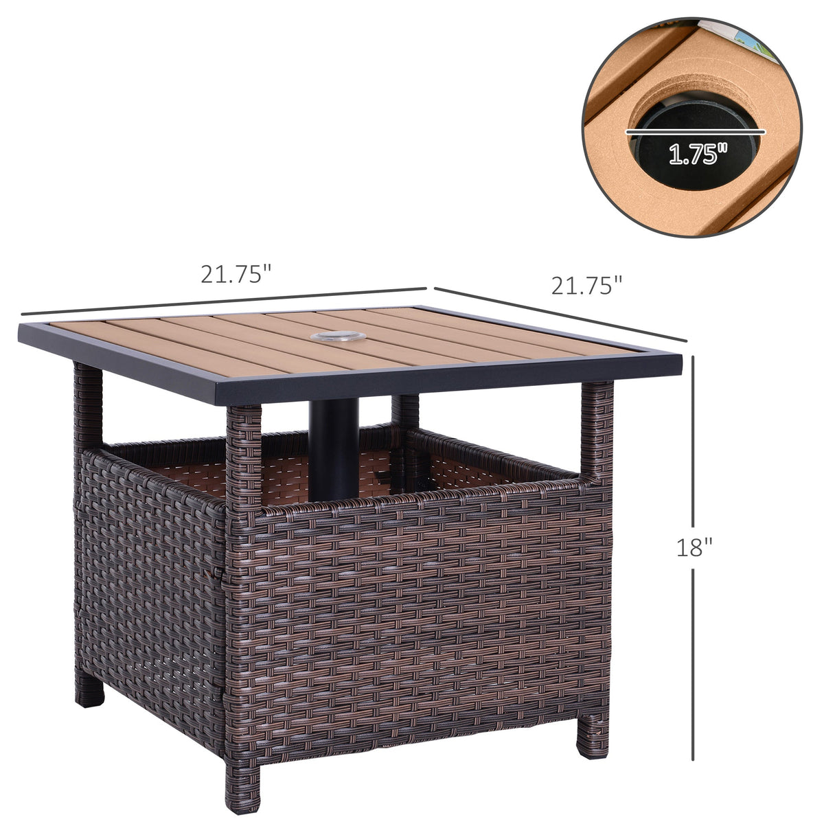 22" Outdoor Side Table with Umbrella Hole, Rattan Wicker End Table with Sand Bag and Steel Frame for Patio, Garden, Backyard, Brown & Light Yellow