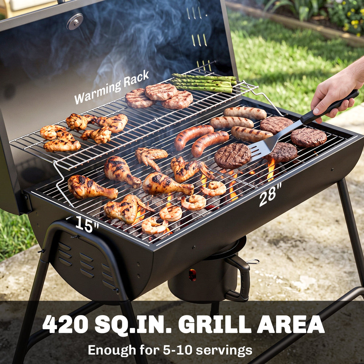 Barrel Charcoal BBQ Grill, Barbecue with 420 sq.in. Cooking Area, Wheels, Ash Catcher, Black