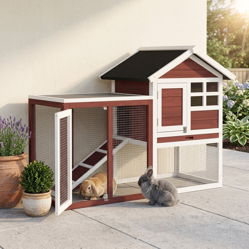 49" Wooden Rabbit Hutch Bunny Cage with Waterproof Asphalt Roof, Fun Outdoor Run, Removable Tray and Ramp, Brown