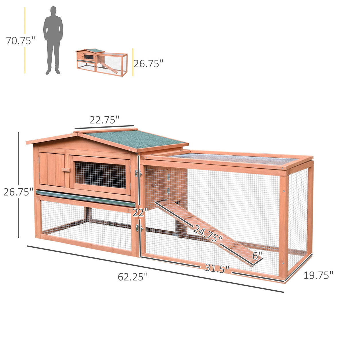 Rabbit Cage Outdoor, 62" Wooden Outdoor Rabbit Hutch, Small Animal Habitat with Detachable Run and Elevated Main House, Natural