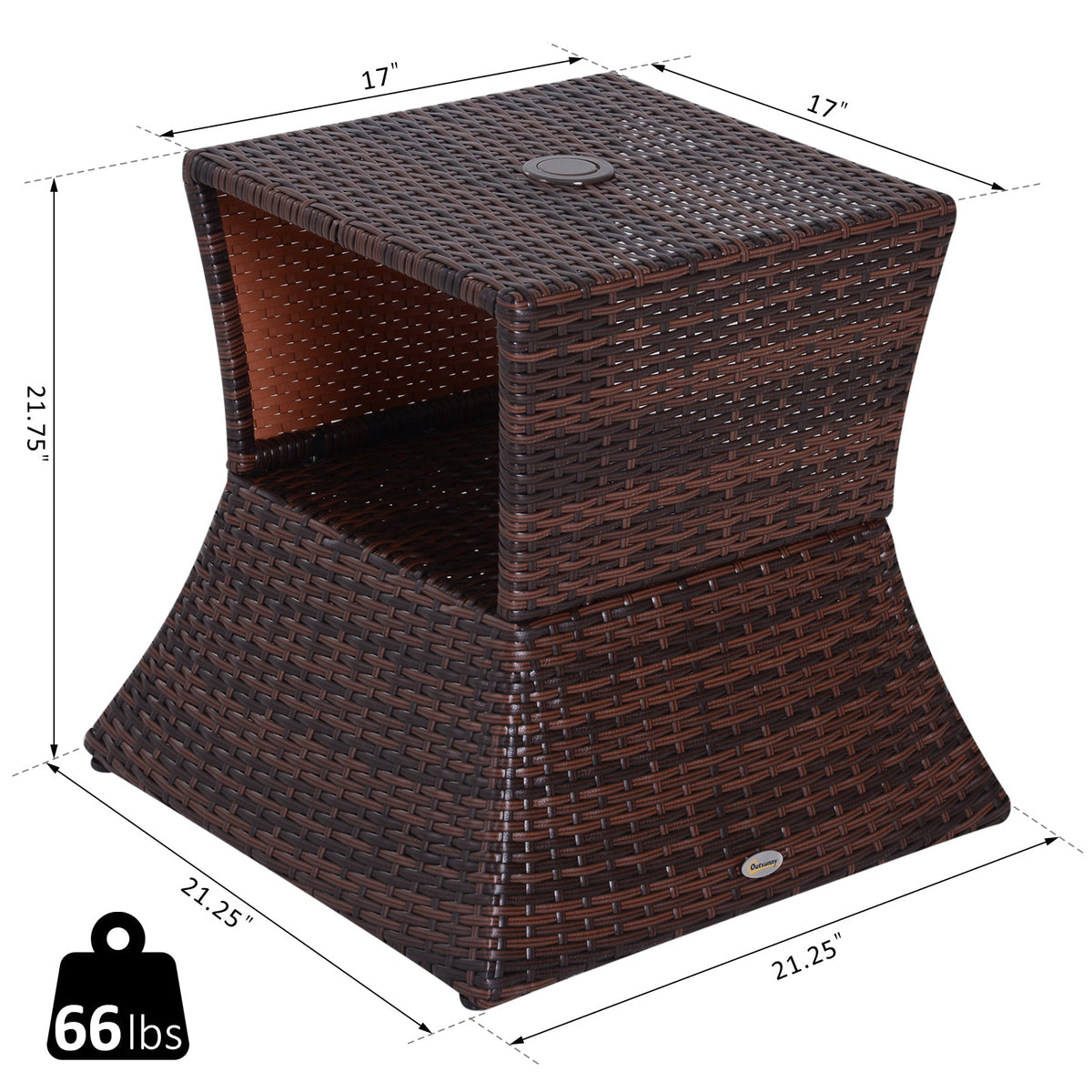 Outdoor Side Table with Umbrella Hole, 2 Tier Rattan Wicker End Table with Storage Shelf, All Weather