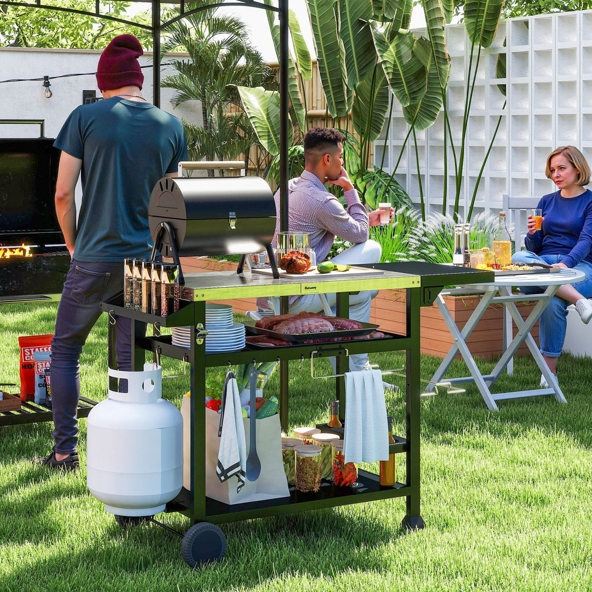 3-Shelf Outdoor Grill Cart Table with Foldable Side Table, Stainless Steel Pizza Oven Stand on Wheels, Black