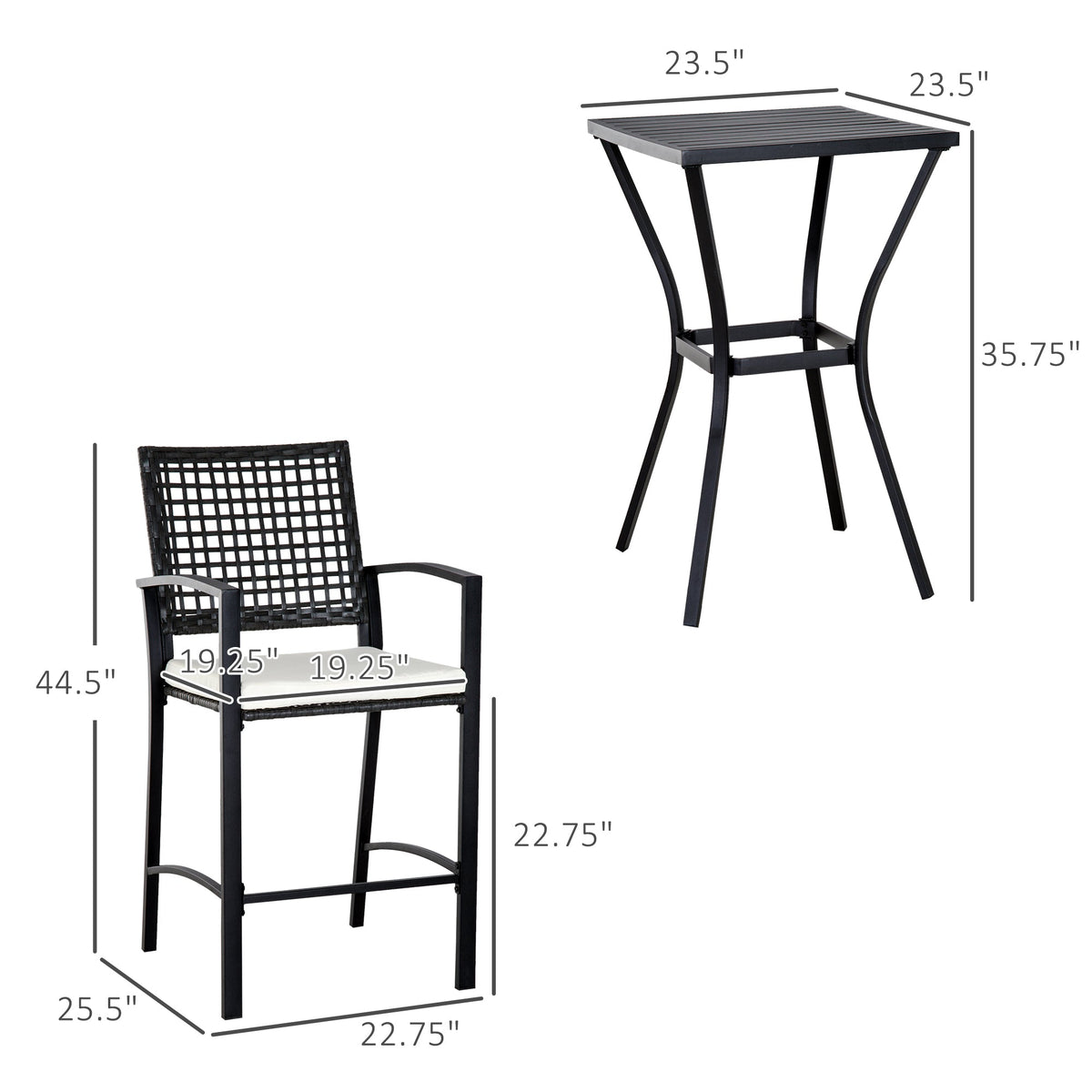 3pcs Patio Bar Set with Soft Cushion, Rattan Wicker Outdoor Furniture Set for Backyards, Lawn, Deck, Poolside