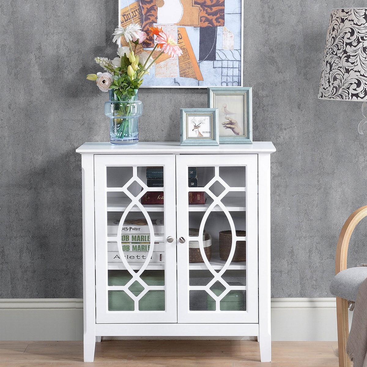 Sideboard Display Cabinet with Double Framed Glass Doors, 2 Adjustable Shelves, and Elevated Base, White