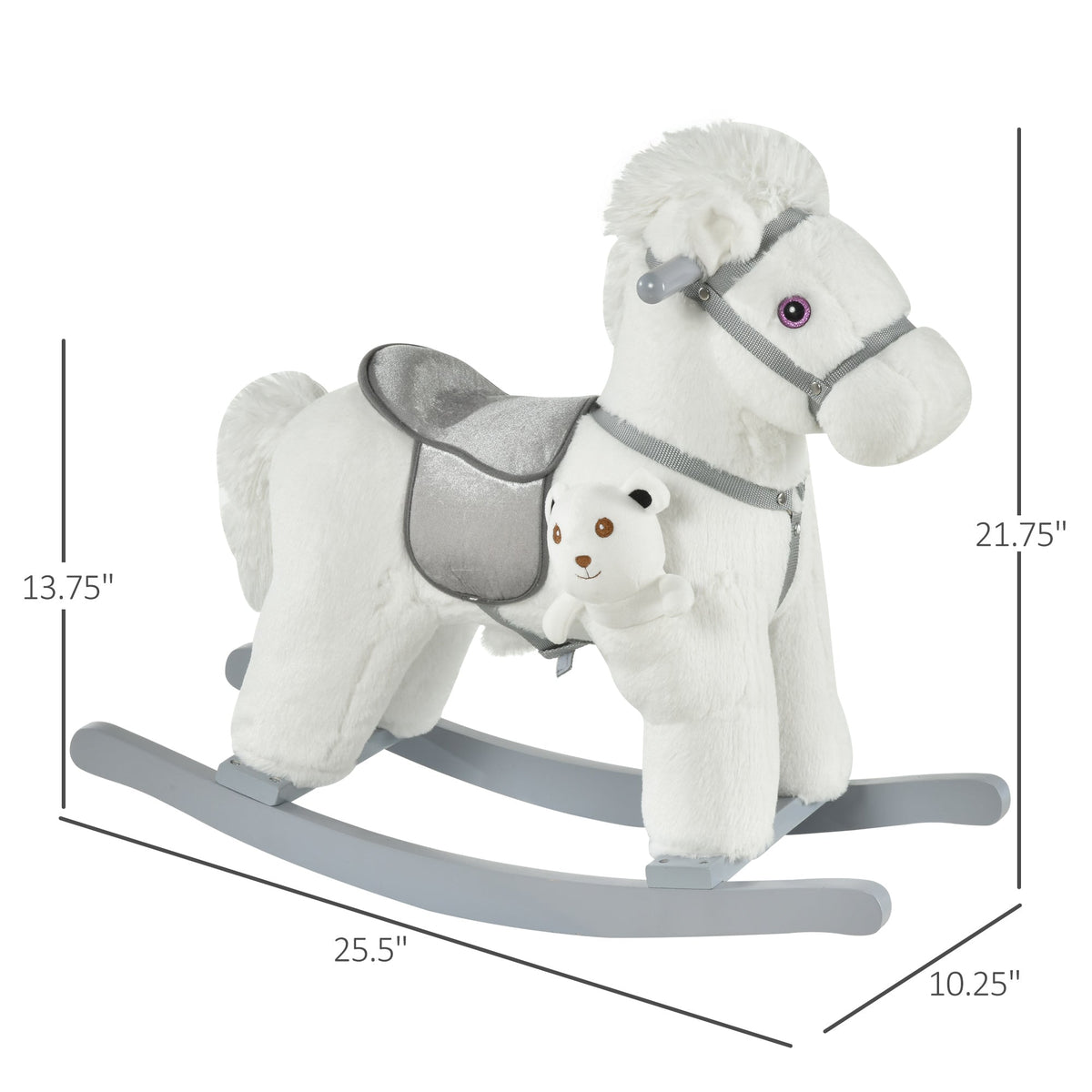 Kids Rocking Horse with Bear Toy, Plush Animal Rocker with Fun Realistic Sounds for Toddler 18-36 Months, White