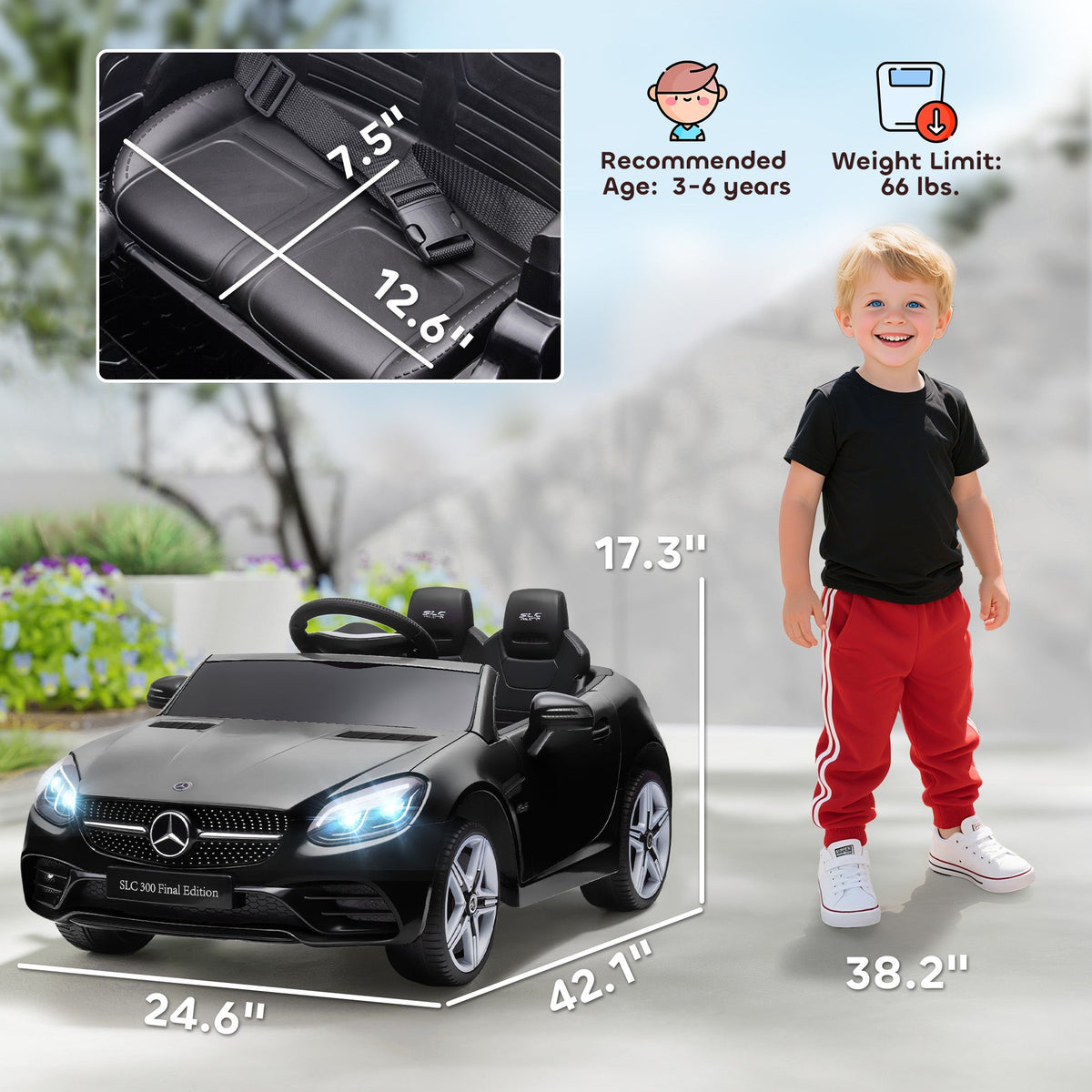 Mercedes SLC 300 Licensed 12V Ride On Car for Kids with Remote Control, 2 Speeds, Black