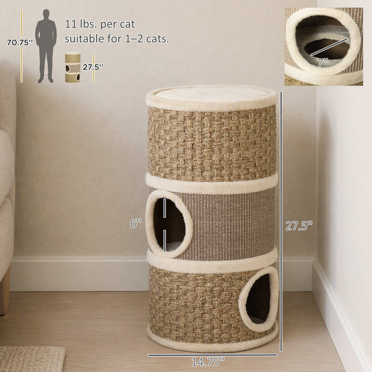 28 Inch Cat Condo, 3 Story Cat Hideaway with Sisal Scratching Pad