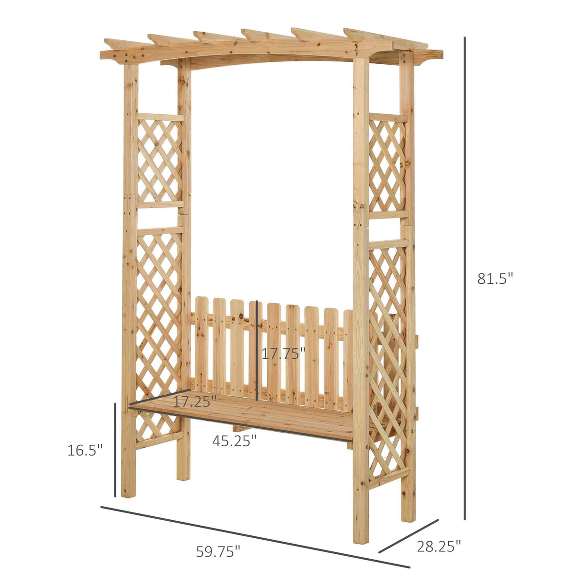 Outdoor Garden Bench Arch Pergola with Natural Fir Wood Build, Protective Varnish, & 2 Person Ergonomic Bench