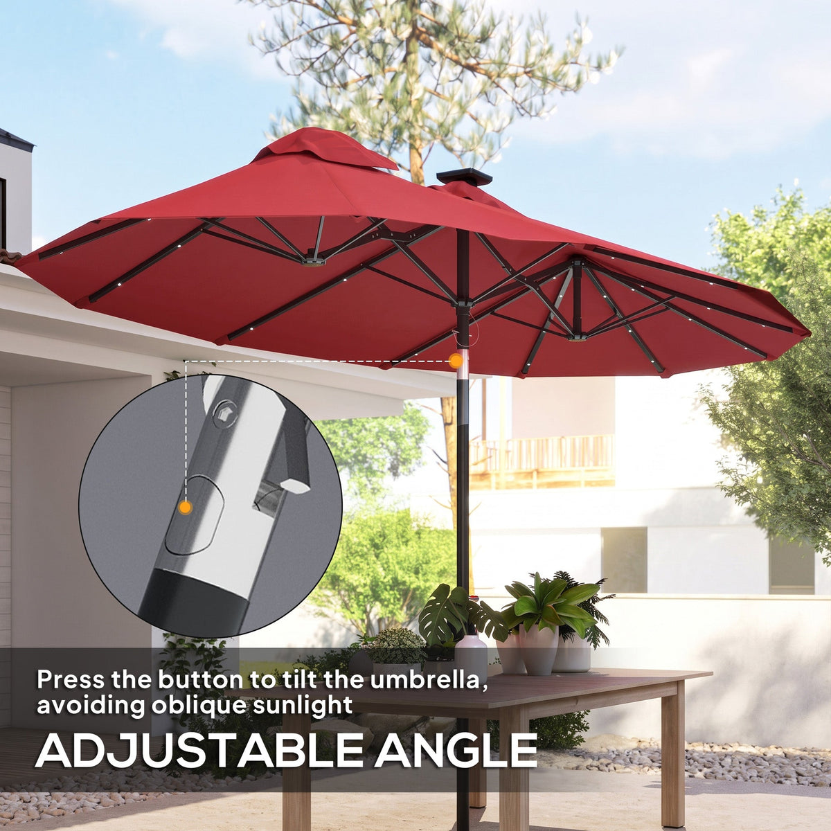 Double-sided Patio Umbrella, 9.7' Outdoor Umbrella with Tilt and Crank, LED Solar Light and 12 Ribs,  Red