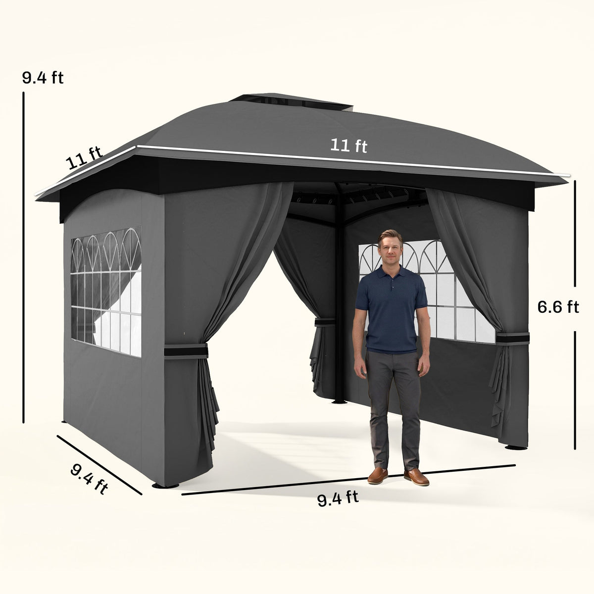 11' x 11' Outdoor Gazebo, Double Roof Patio Gazebo with Curtains, Church Windows, Galvanized Steel Frame, Dark Gray