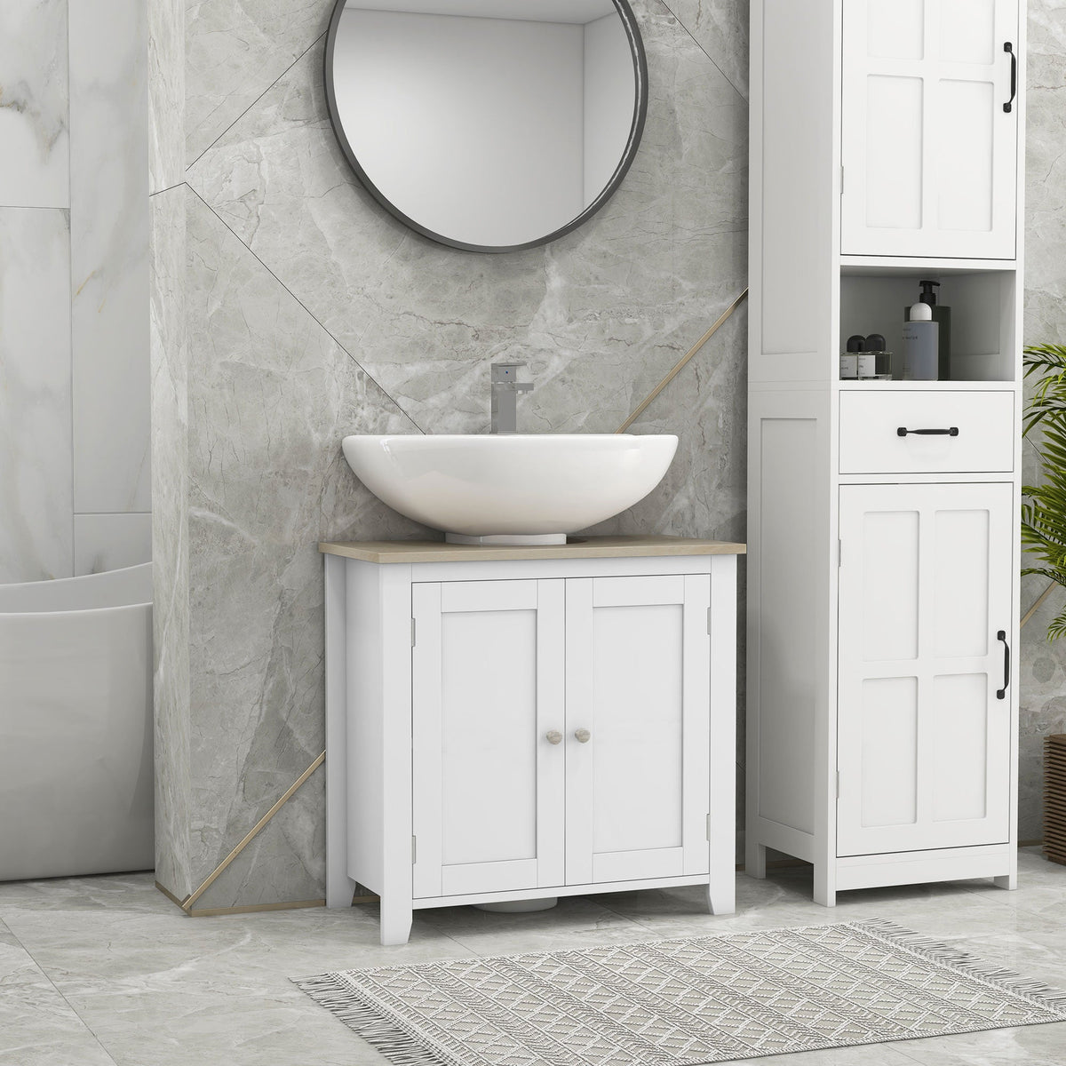 Pedestal Sink Storage Cabinet, Under Sink Cabinet with U-Shape and Adjustable Internal Shelf, White