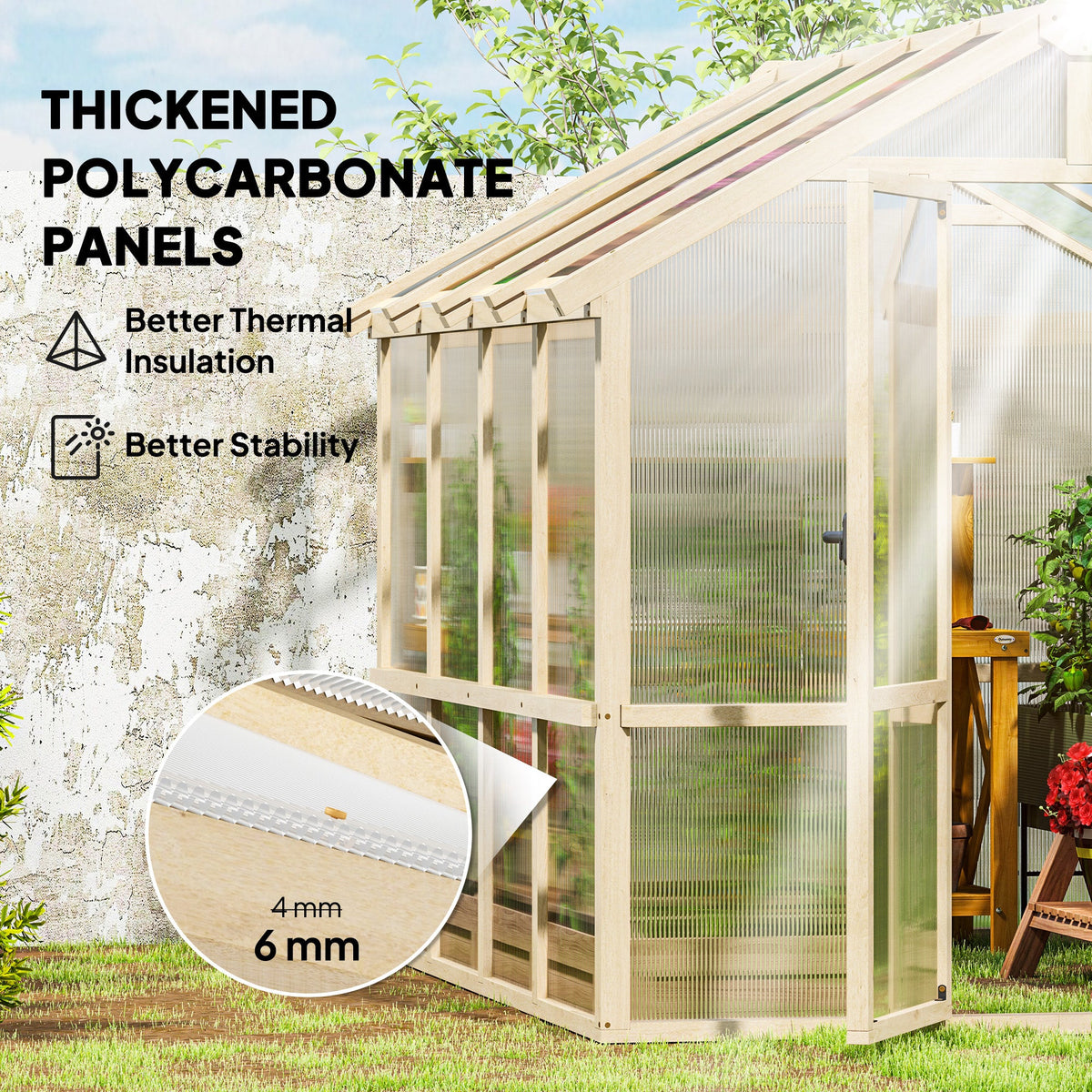 6.6 x 8 ft. Polycarbonate Greenhouse Wooden Walk-in Greenhouse Kit with Thickened Panels, Roof Vent, and Lockable Door