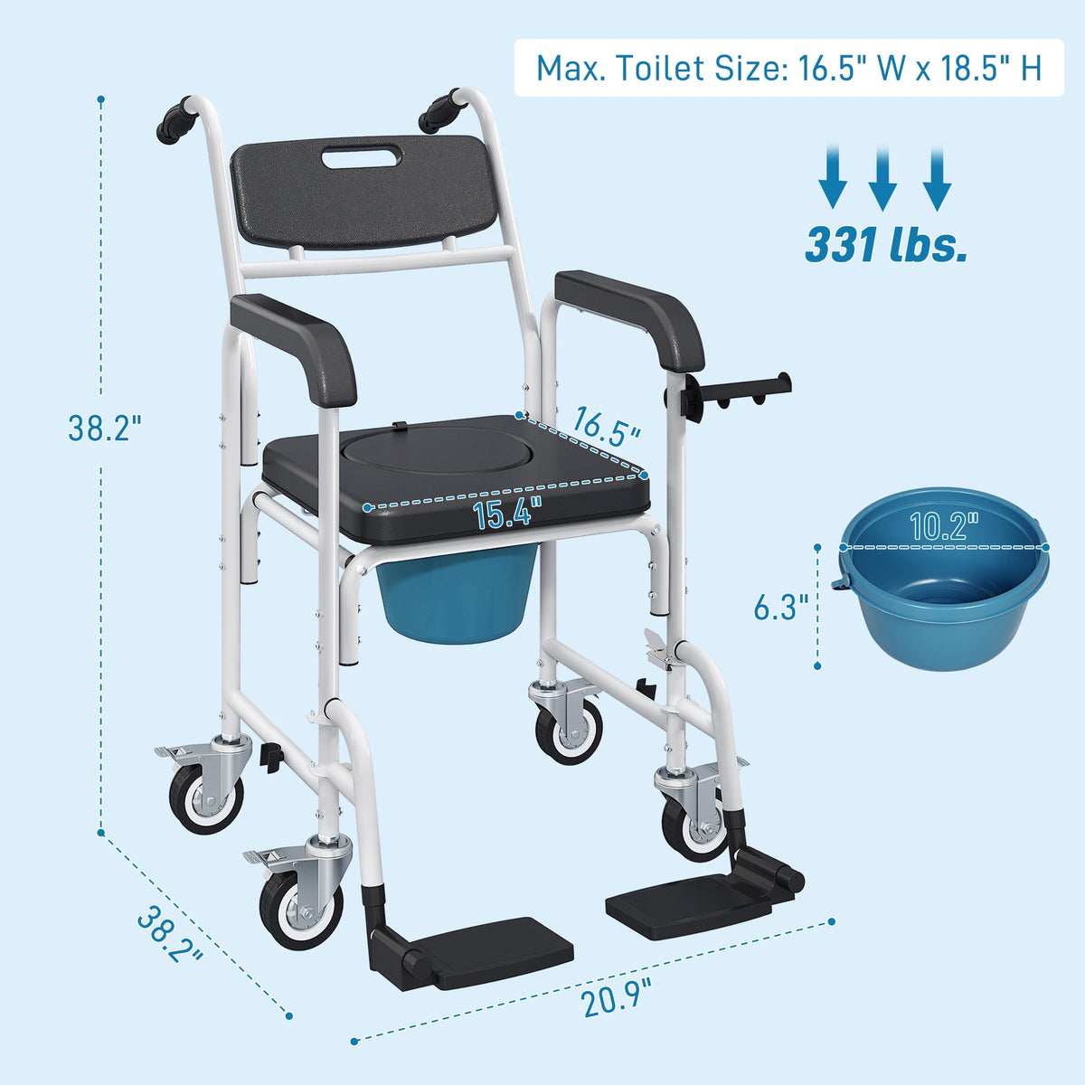 Rolling Shower Mobility Chair for Seniors, Bedside Commode Chair with Locking Wheels, Seat, Backrest, Arms, Black