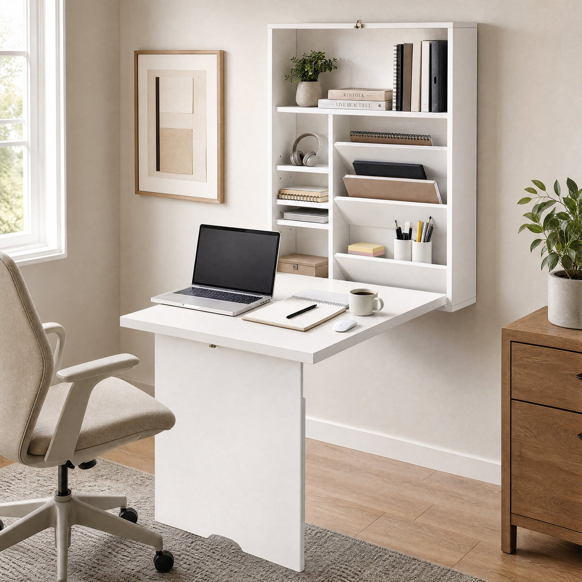 Wall Mounted Fold Out Convertible Desk, Multi-Function Floating Desk with Storage Shelf for Home Office, White
