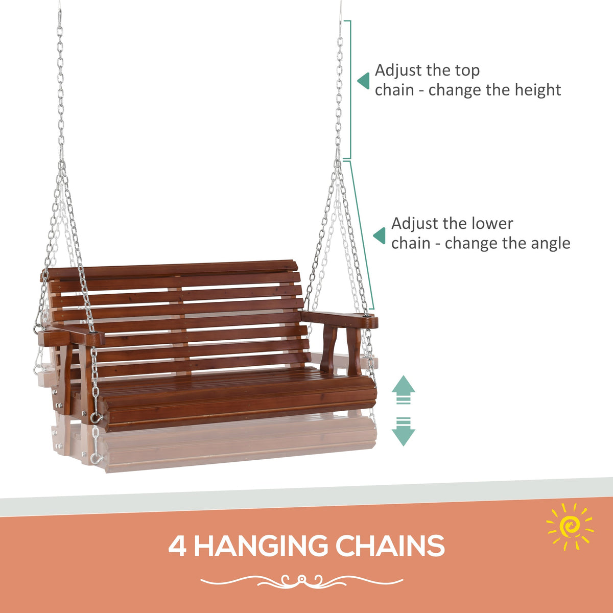 46" 2-Person Porch Swing Wooden Patio Swing Bench with Cup Holders, Slatted Design, Chains, 440lb Weight Capacity, Brown