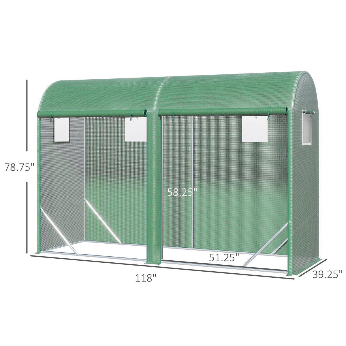 10' x 3' x 7' Walk-in Lean-to Greenhouse, Steel, 4 Zipper Roll-up Windows & 2 Doors, UV Protecting PE Cover, Green