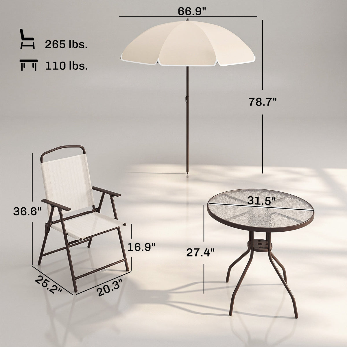 6 Piece Patio Dining Set for 4 with Umbrella, Beige