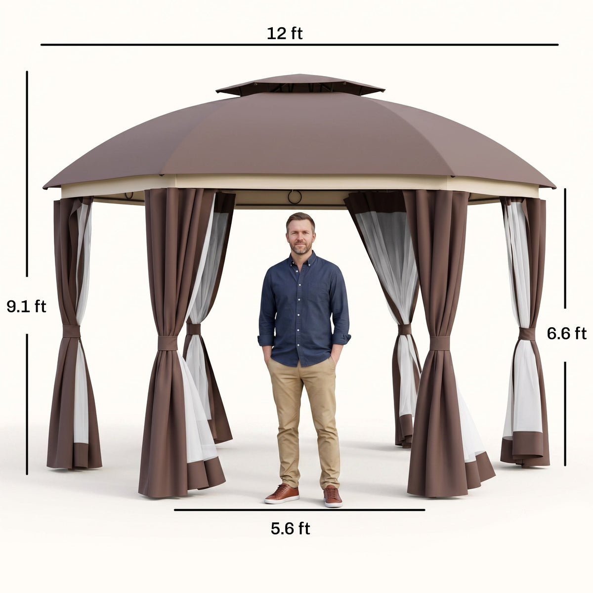 12' x 12' Round Outdoor Gazebo, Patio Dome Gazebo Canopy Shelter with Double Roof, Netting Sidewalls and Curtains, Zippered Doors, Strong Steel Frame, Brown
