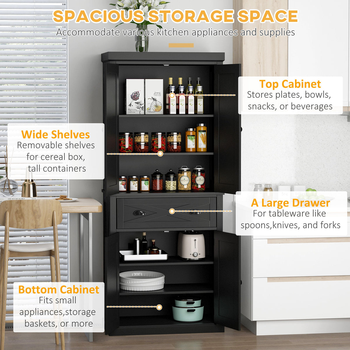 72" Kitchen Pantry Storage Cabinet, Traditional Freestanding Pantry Cabinet with 4 Doors and 2 Adjustable Shelves, Black