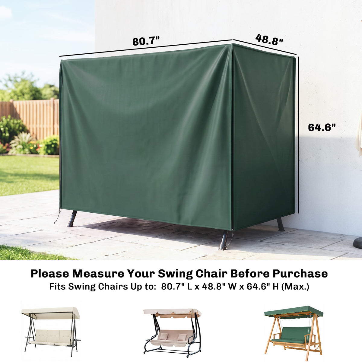 Outdoor Patio Hammock Porch Swing Cover with UV, Water, & Dust Fighting Material, 81" x 49" x 65", Dark Green