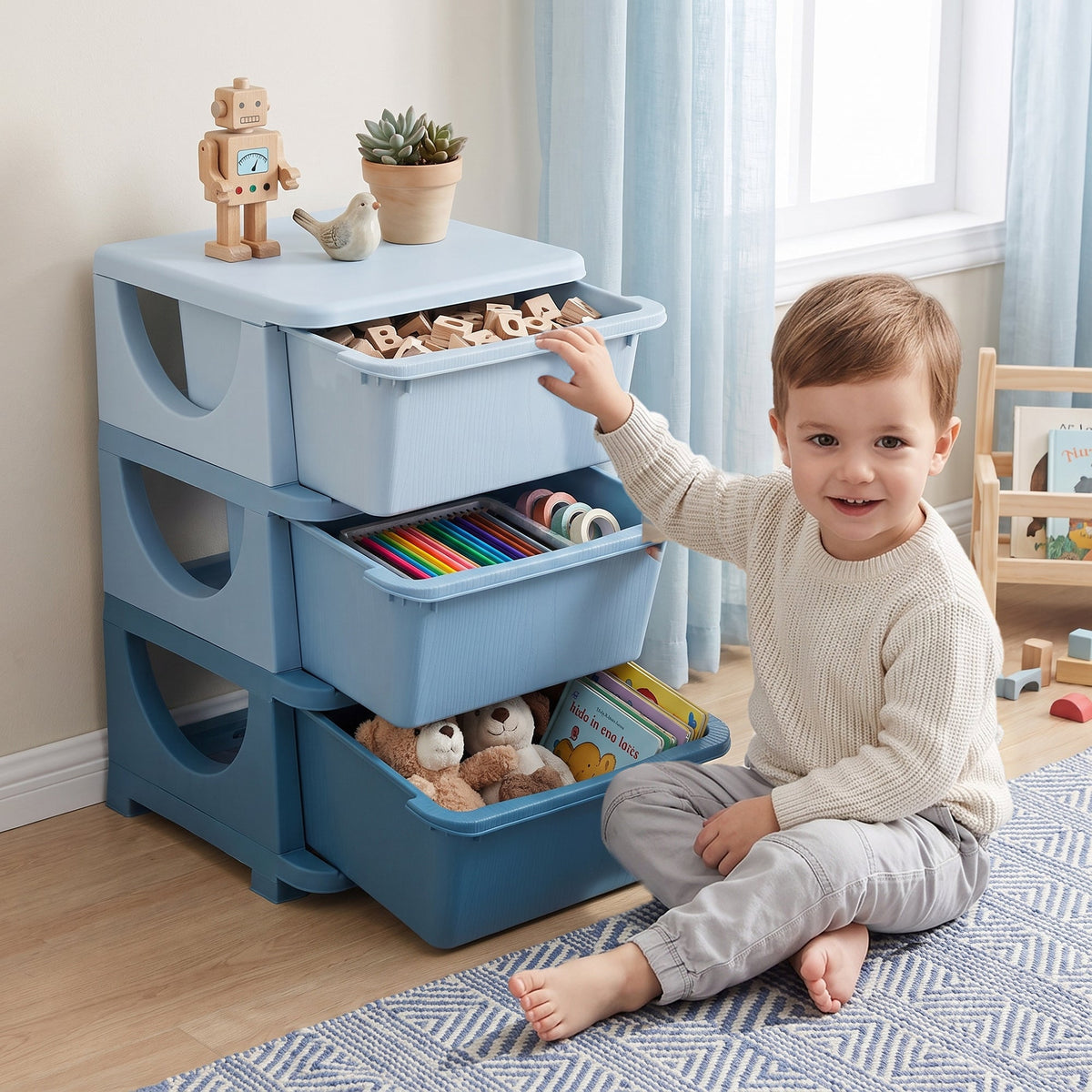 3 Tier Kids Storage Unit, Toy Organizers and Storage with 3 Drawer for Bedroom Nursery Living Room for Boys Girls, Blue
