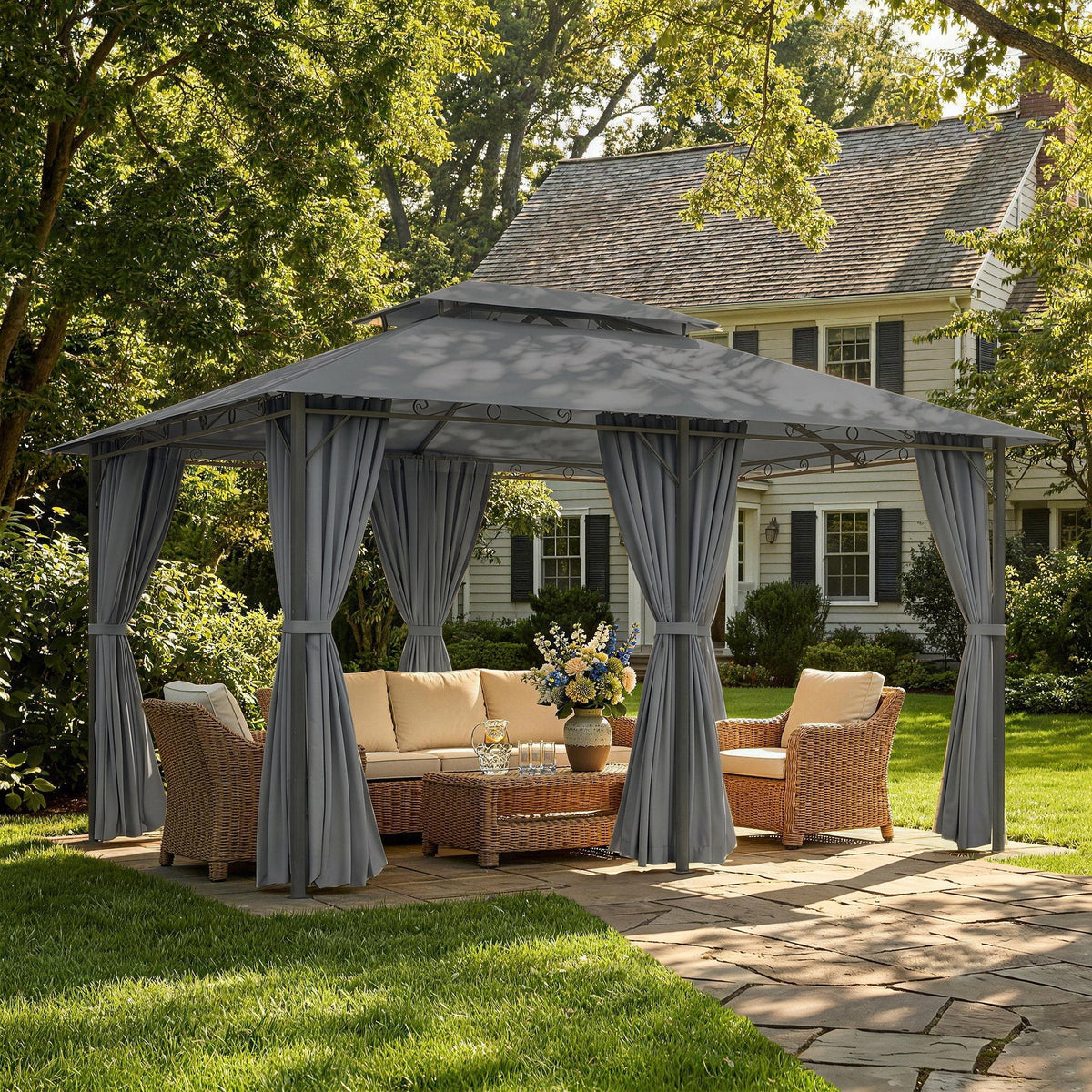 10' x 13' Outdoor Soft Top Gazebo Pergola with Curtains, 2-Tier Steel Frame Gazebo for Patio, Sage Gray