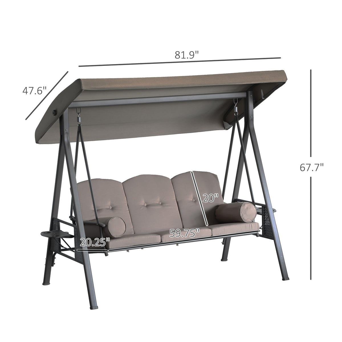 3-Seat Patio Swing Chair, Outdoor Porch Swing Glider with Adjustable Canopy, Removable Cushion, Brown