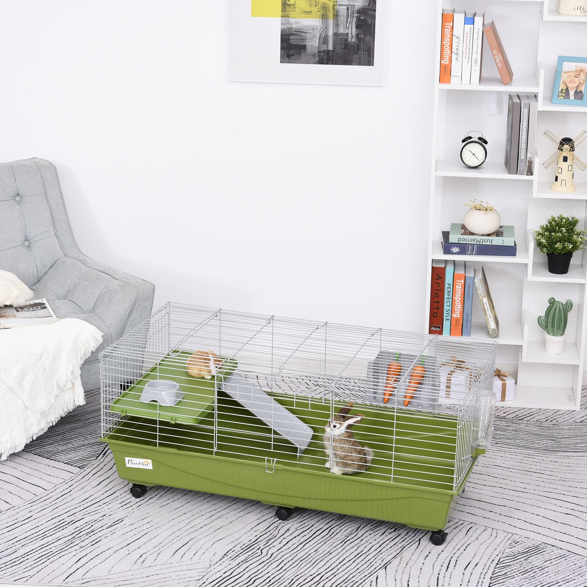 47" Small Animal Cage Chinchilla Guinea Pig Hutch Pet House with Platform Ramp, Food Dish, Wheels, & Water Bottle