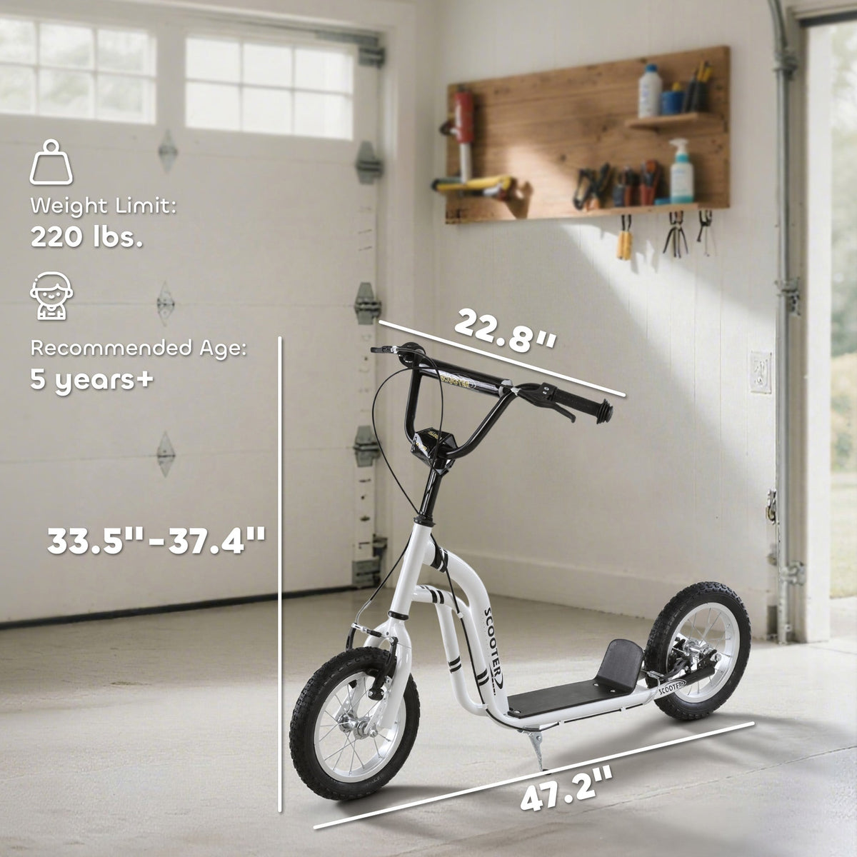 Youth Scooter Front and Rear Caliper Dual Brakes 12-Inch Inflatable Front Wheel Ride On Toy For Age 5+ - White