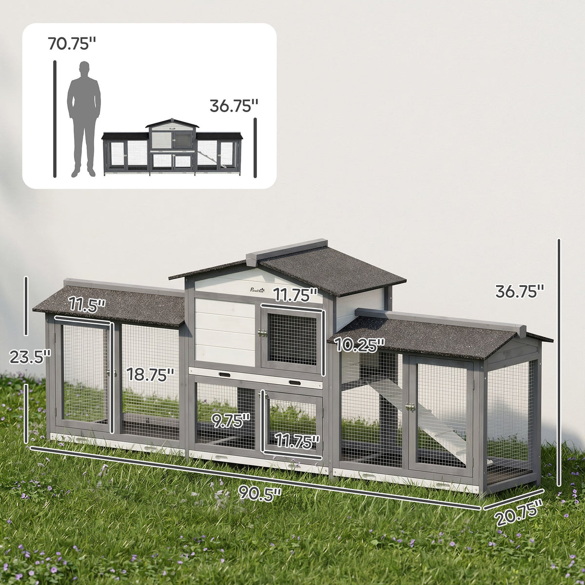 90.5" Wooden Rabbit Hutch Bunny Cage Pet Playpen House Enclosure with Double Side Run Boxes, No Leak Tray, Light Gray