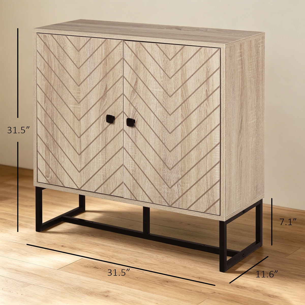 31.5" Buffet Cabinet, Modern Sideboard with Adjustable Shelf, Steel Base and 2 Chevron Doors, Natural Wood