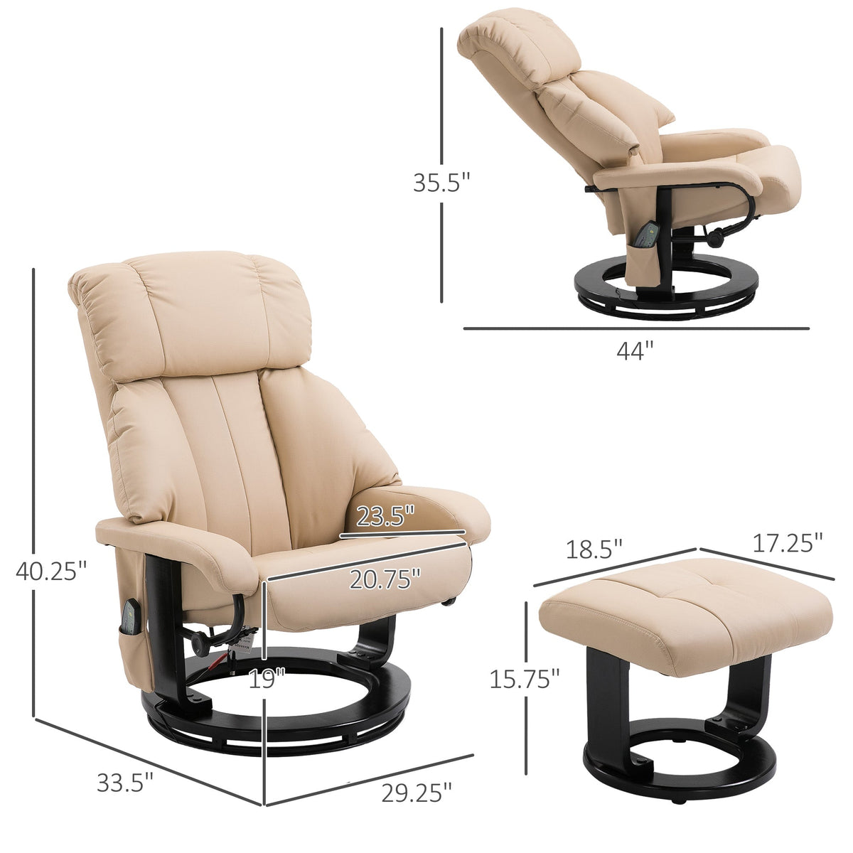 10-Point Massage Recliner Chair, Vibration Massage Sofa with Ottoman Footrest, Faux Leather and Swivel Wood Base for Living Room & Bedroom, Beige