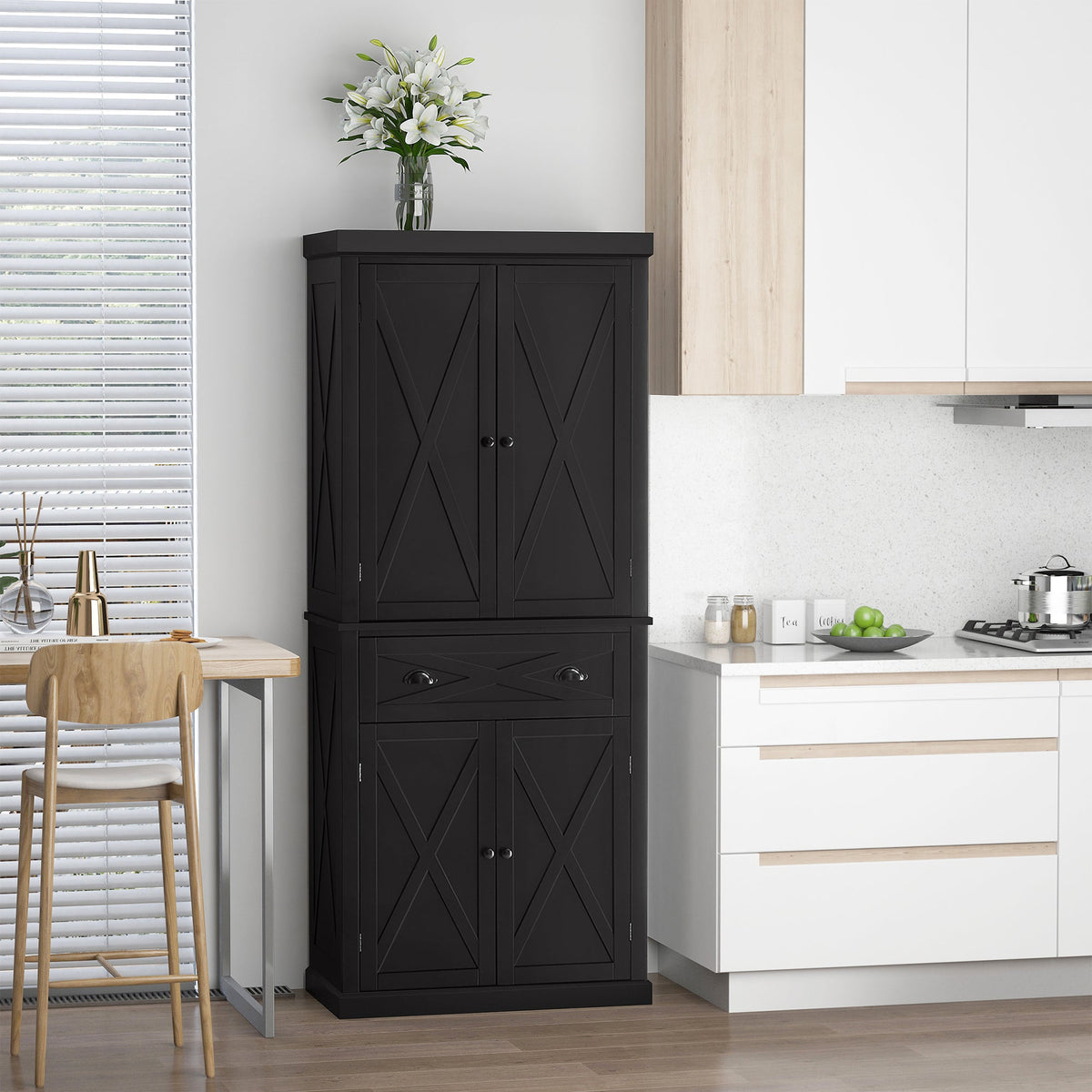 72" Kitchen Pantry Storage Cabinet, Traditional Freestanding Pantry Cabinet with 4 Doors and 2 Adjustable Shelves, Black