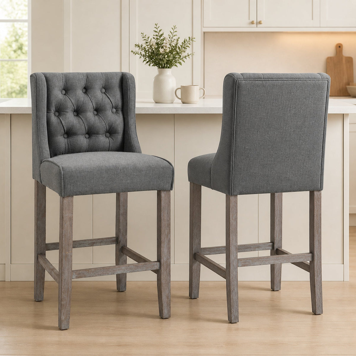 26.25" Counter Height Bar Stools, Tufted Wingback Armless Upholstered Dining Chair with Rubber Wood Legs, Set of 2, Gray