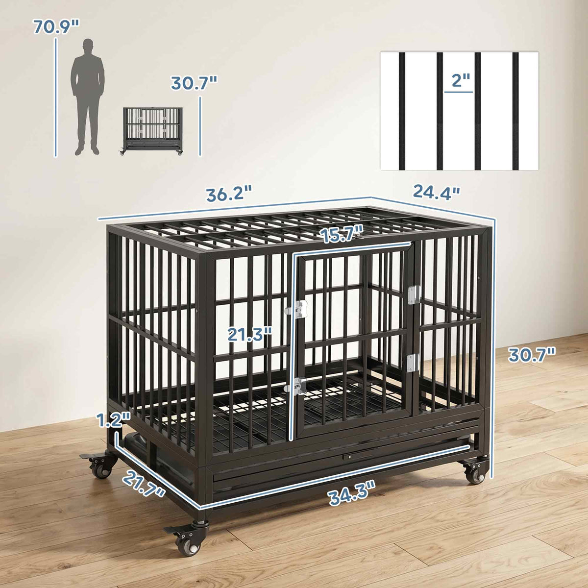 36" Heavy Duty Dog Crate Metal Cage Kennel with Lockable Wheels, Double Door and Removable Tray, Gray