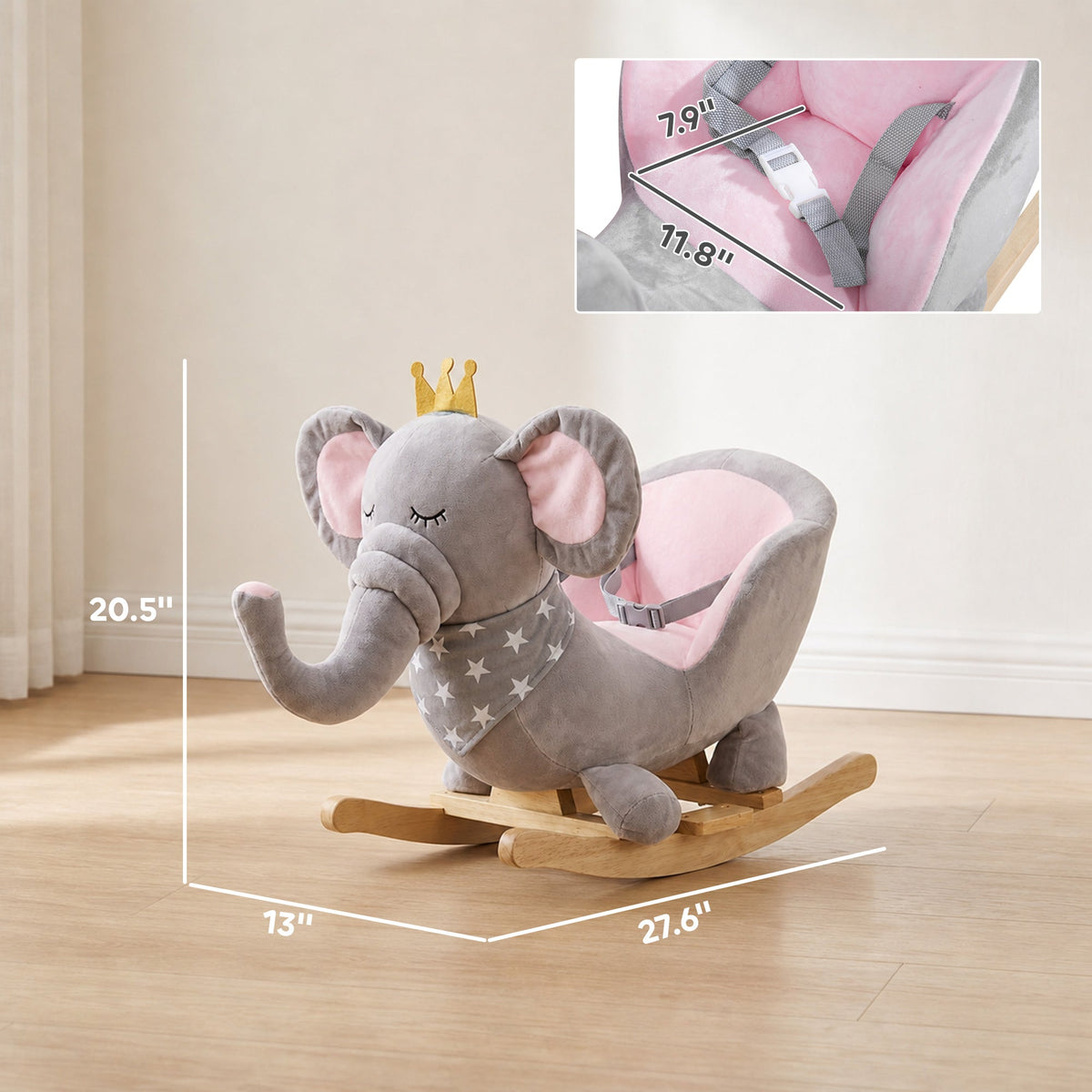 Baby Rocking Horse Elephant Rocking Chair Toddler Rocker Toy with Sound Wooden Base Seat for 1.5-3 Year Old, Gray
