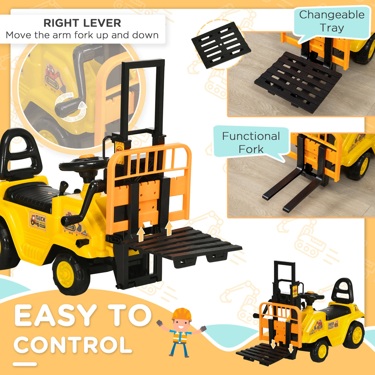 Sit and Scoot Ride-on Toy with Forklift Operation, Construction Toys for Kids with Under Seat Storage, Forklift Toy