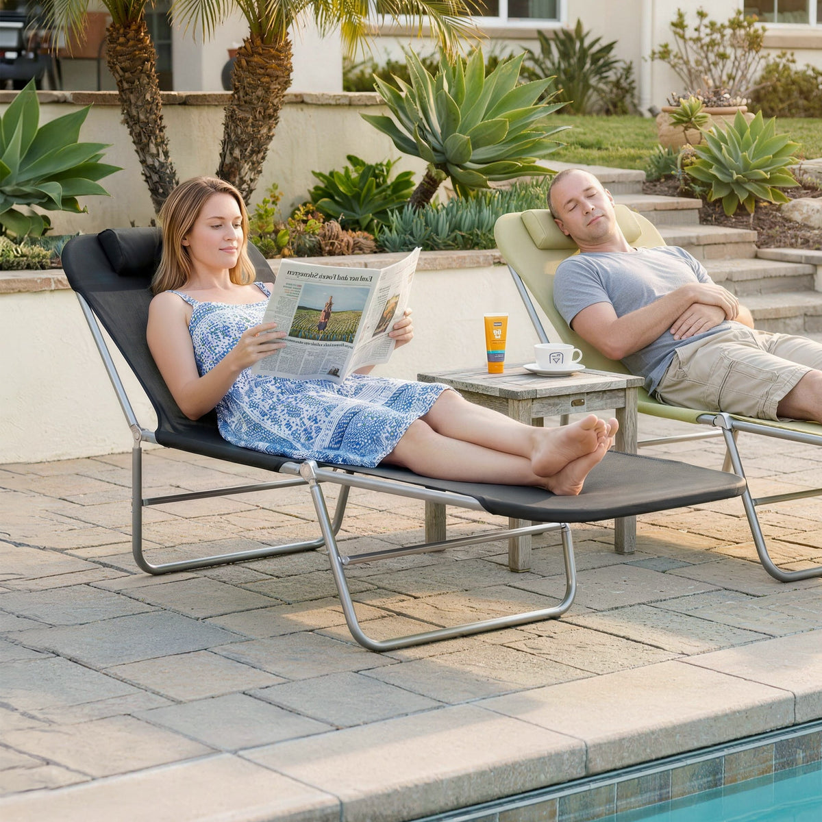 Folding Chaise Lounge Pool Chairs, Outdoor Sun Tanning Chairs with Pillow, Reclining Back, Black