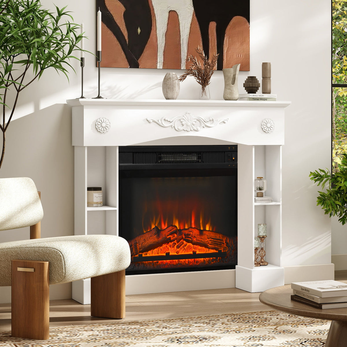 Baroque Fireplace Mantel, Freestanding Fireplace Surround with Leg for Electric Fireplaces, 45.3" W x 39.4" H, White