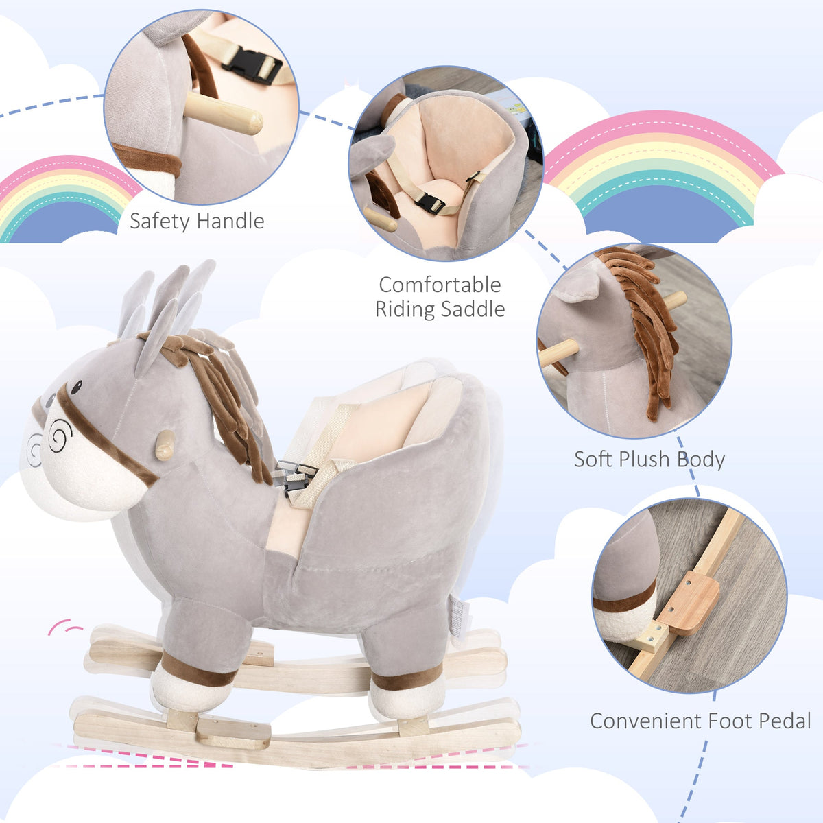 Kids Rocking Chair, Plush Ride On Rocking Horse Donkey with Sound, Wood Base Seat, Safety Belt, Baby Toddler Rocker Toy for 18 - 36 Months, Gray