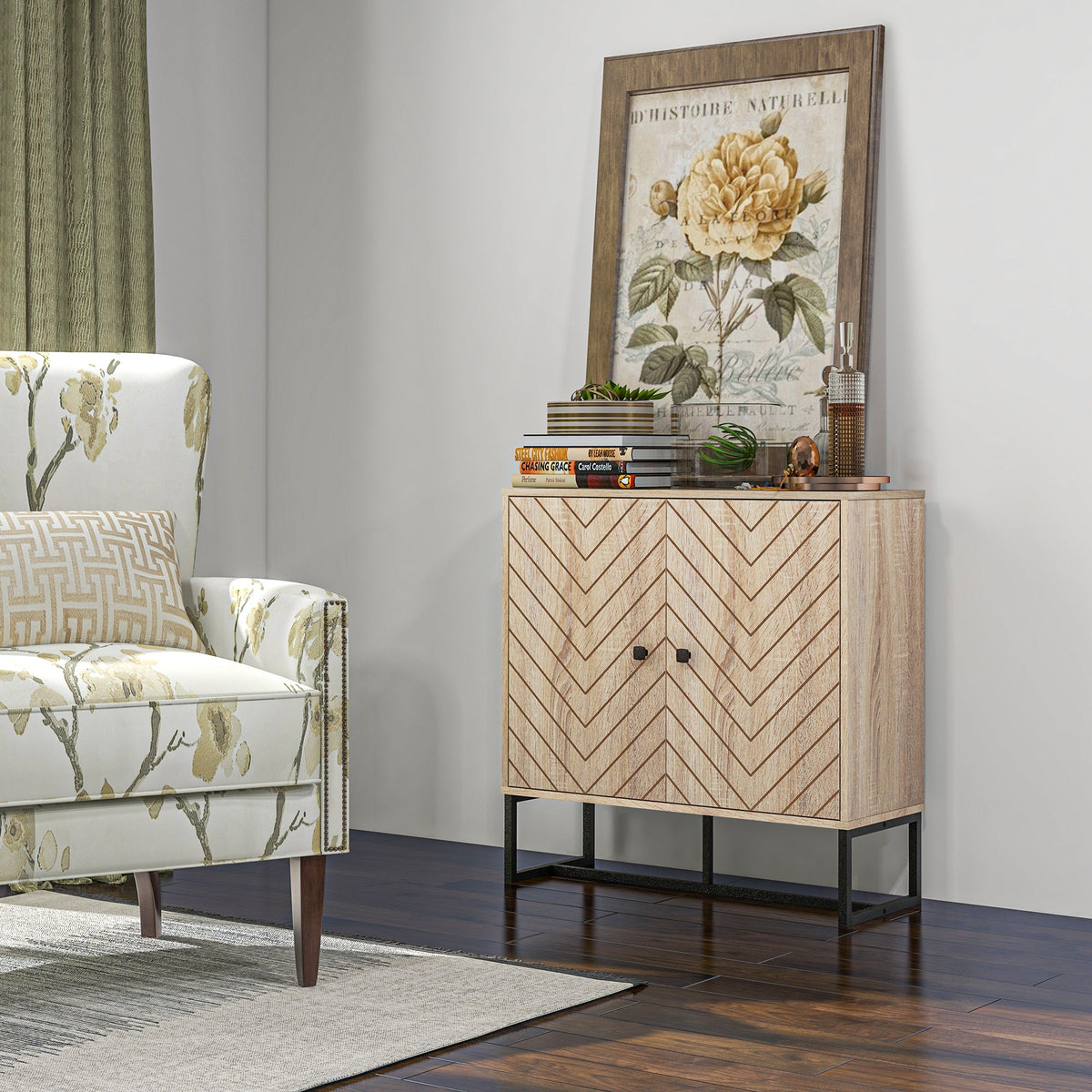 31.5" Buffet Cabinet, Modern Sideboard with Adjustable Shelf, Steel Base and 2 Chevron Doors, Natural Wood