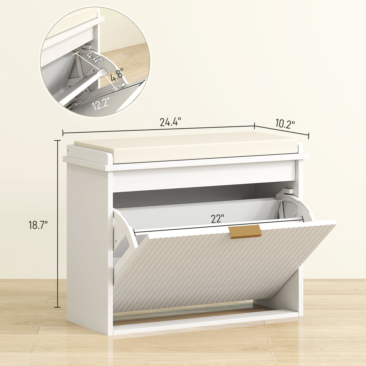 Shoe Storage Bench with Padded Seat Cushion and Flip-Drawer, Entryway Bench, Shoe Cabinet, 24.4x10.2x18.7 Inches, White