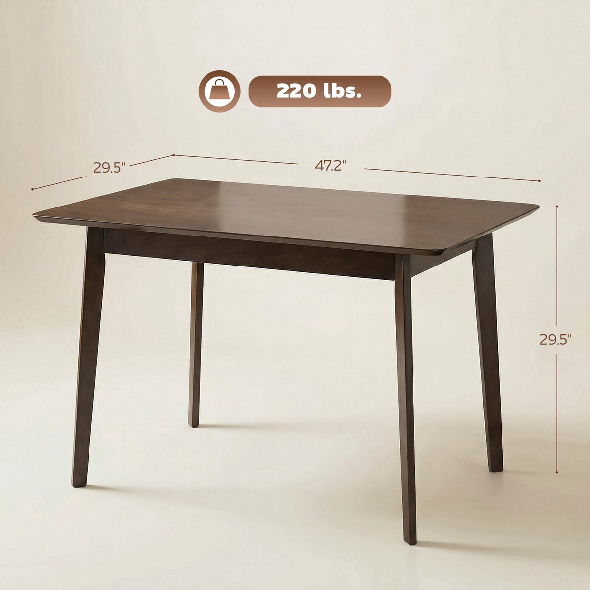 47.2" Rectangle Dining Table for 4, Mid-Century Modern Kitchen Table with Rubber Wood Frame for Dining Room, Mahogany