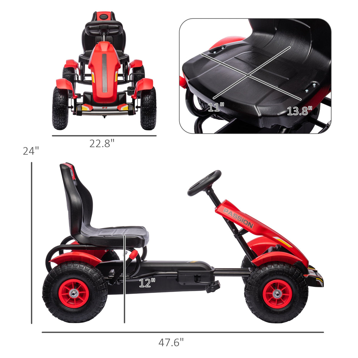 Kids Pedal Go Kart for Ages 5–12 with Adjustable Seat, Handbrake, Reverse Drive, Inflatable Rubber Tires & Suspension, Red