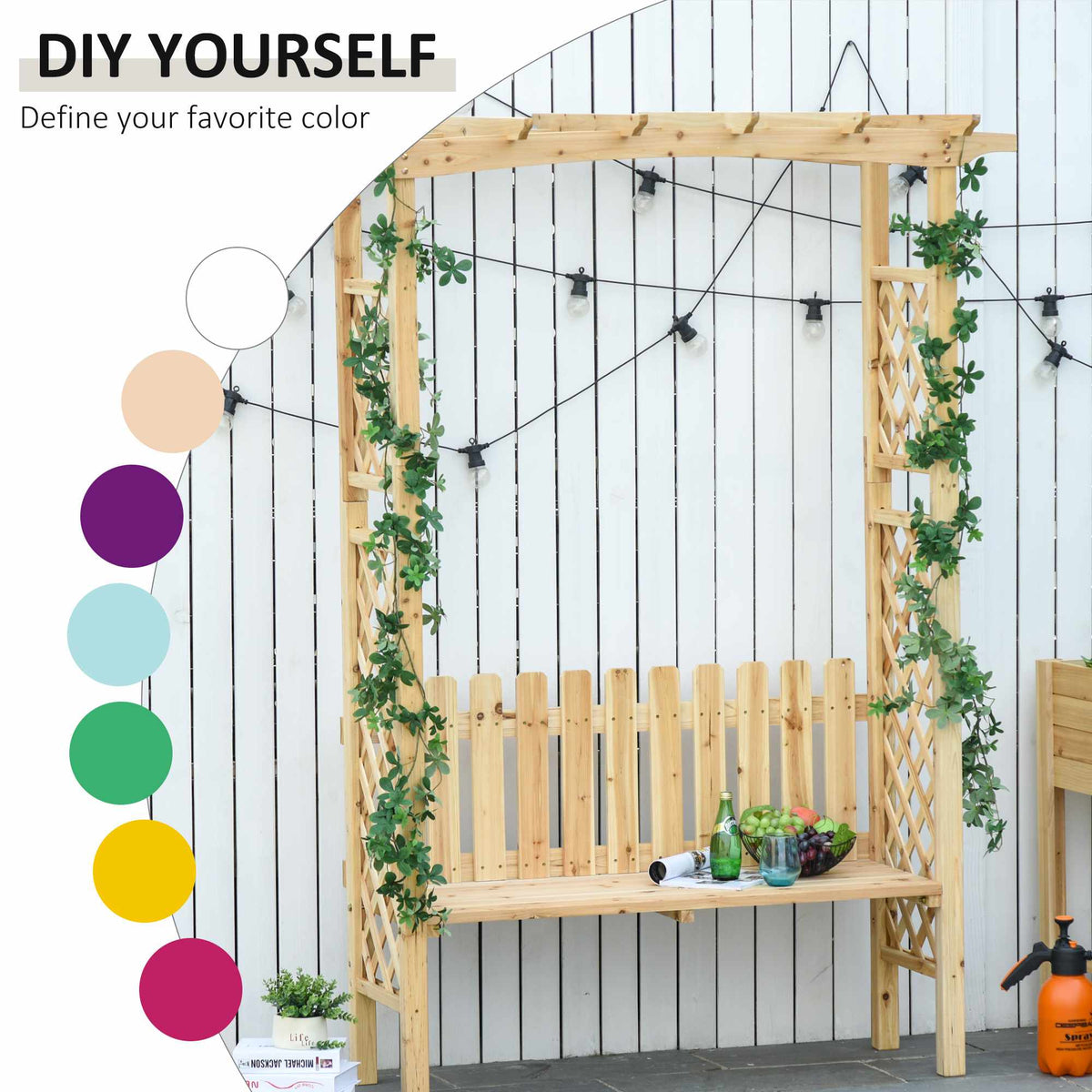 Outdoor Garden Bench Arch Pergola with Natural Fir Wood Build, Protective Varnish, & 2 Person Ergonomic Bench