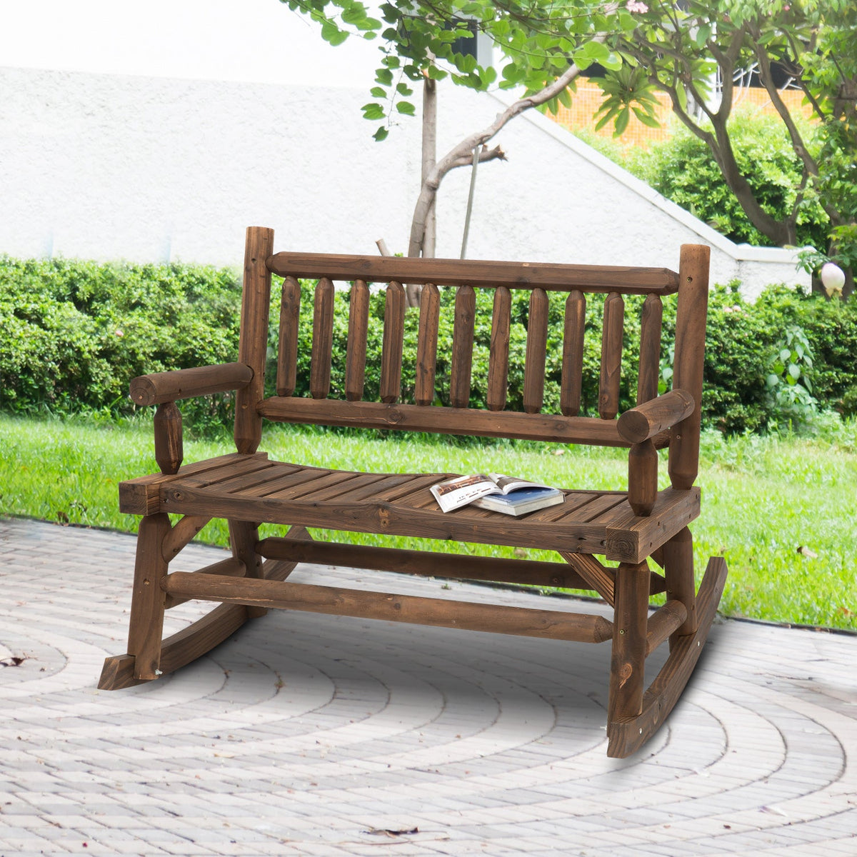 2-Person Wood Rocking Chair with Log Design, Heavy Duty Loveseat with Wide Curved Seats for Patio, Backyard, Garden, Walnut