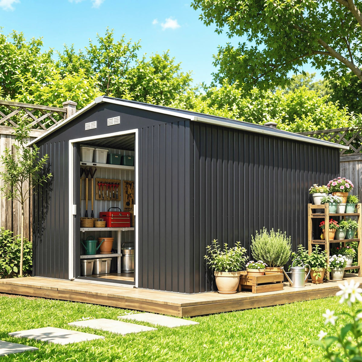 11' x 9' Outdoor Storage Shed, Garden Tool Metal Shed with Foundation Kit, Double Lockable Door, Dark Gray