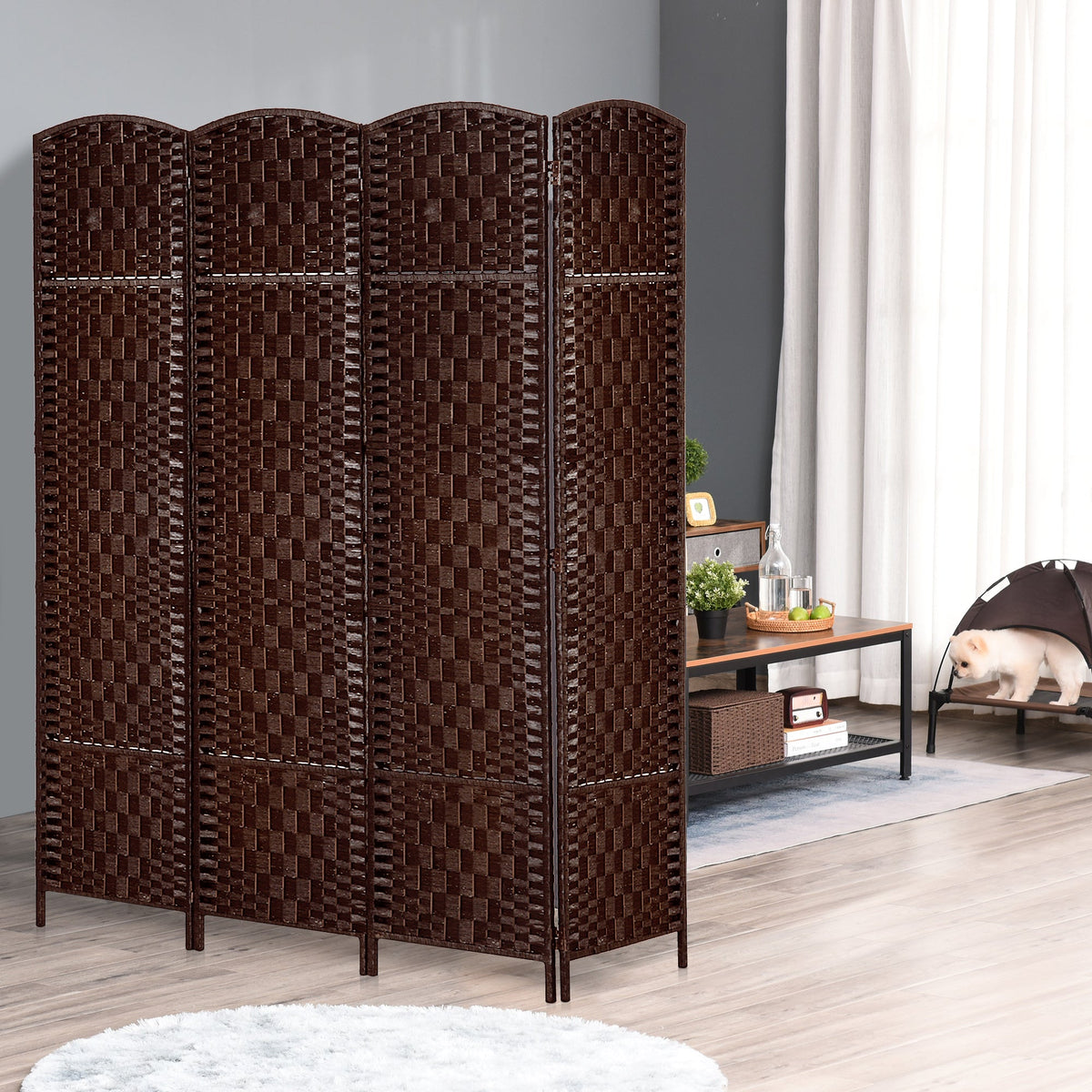 Room Divider 4 Panel, 6FT Tall Folding Privacy Screen, Freestanding Hand-Woven Partition for Room Separation with 360° Hinges, Paper Rope Diamond Weave, Brown